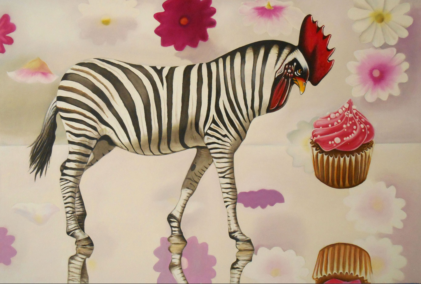 Rooster Zebra Contemplating Cupcake