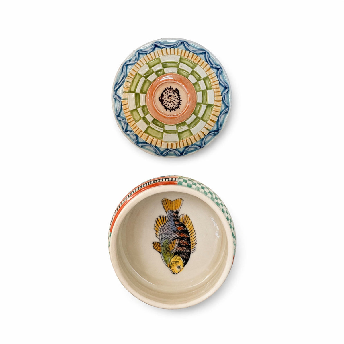 Blue, Orange, and Green Short Lidded Container