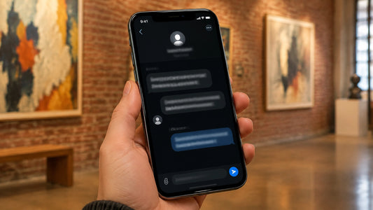 A phone showing an unsolicited direct message, held in front of a gallery with red brick walls