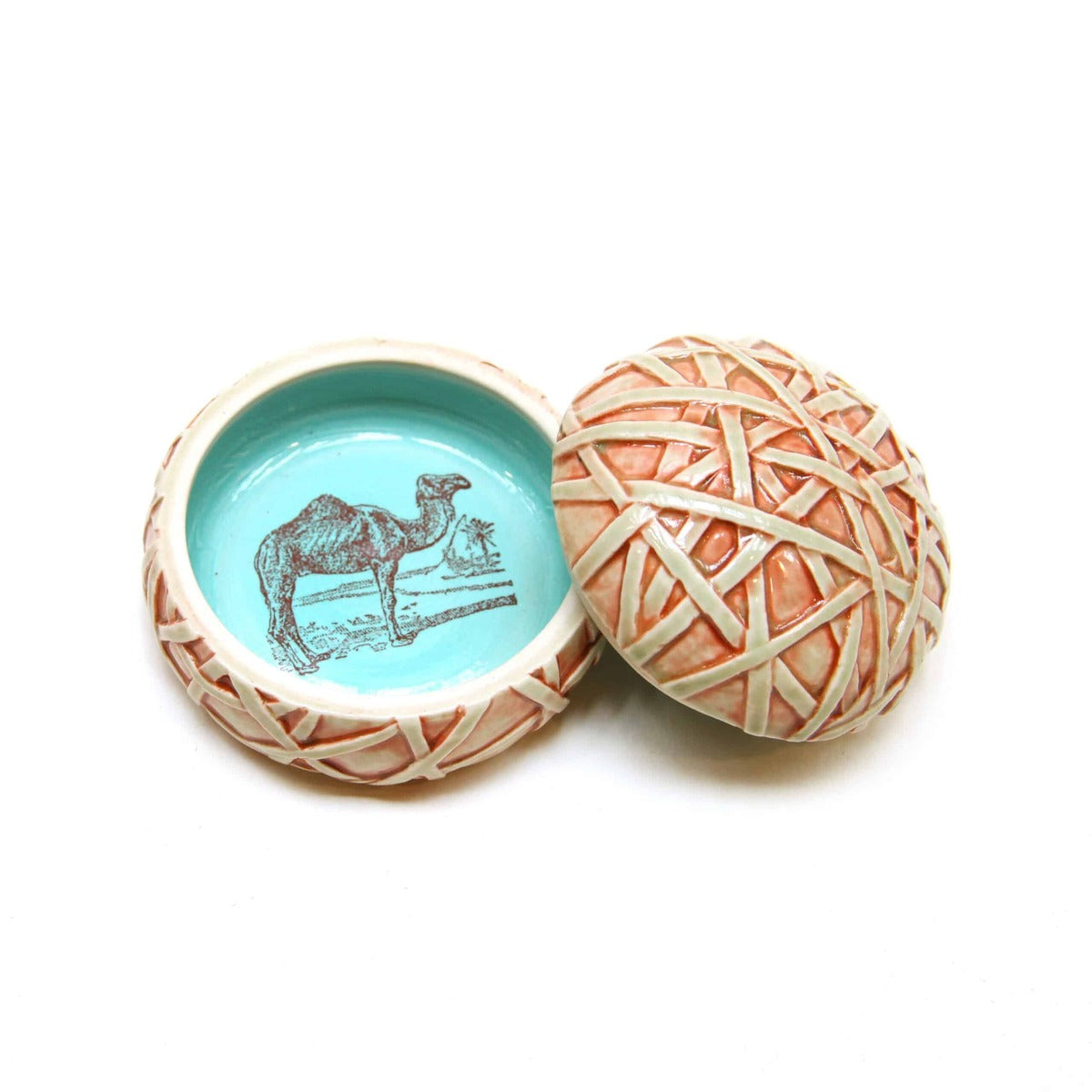 Circular Lidded Container with Camel Image Inside