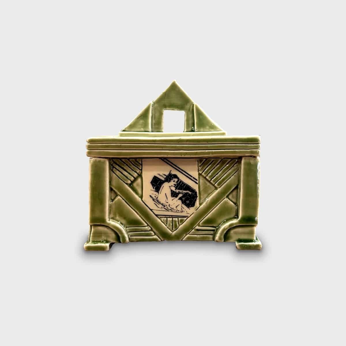 Green Art Deco Triangular Lidded Box with female images