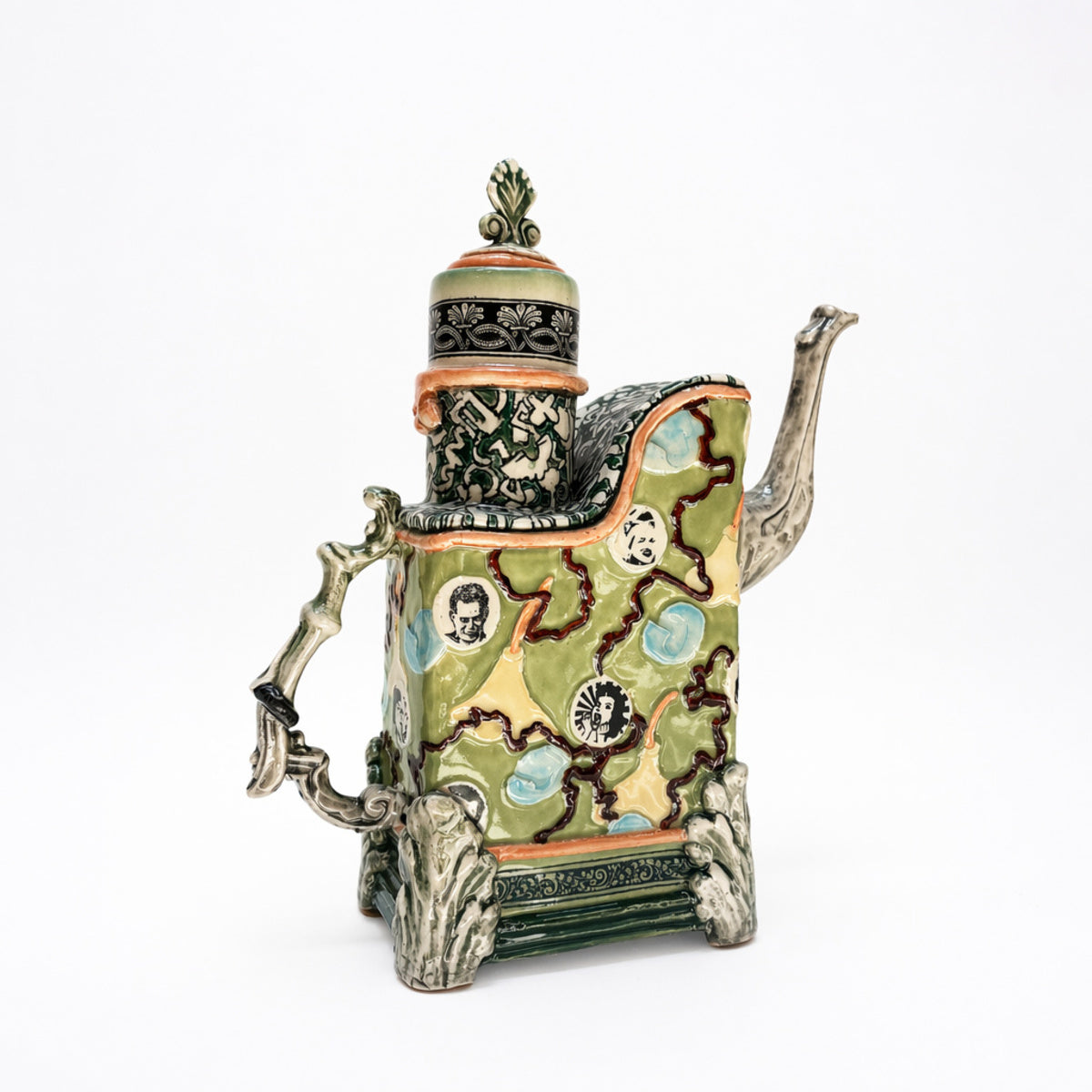Green Large Teapot with Faces and Elephant Spout