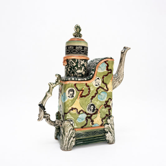 Green Large Teapot with Faces and Elephant Spout