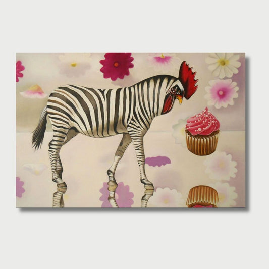 Rooster Zebra Contemplating Cupcake