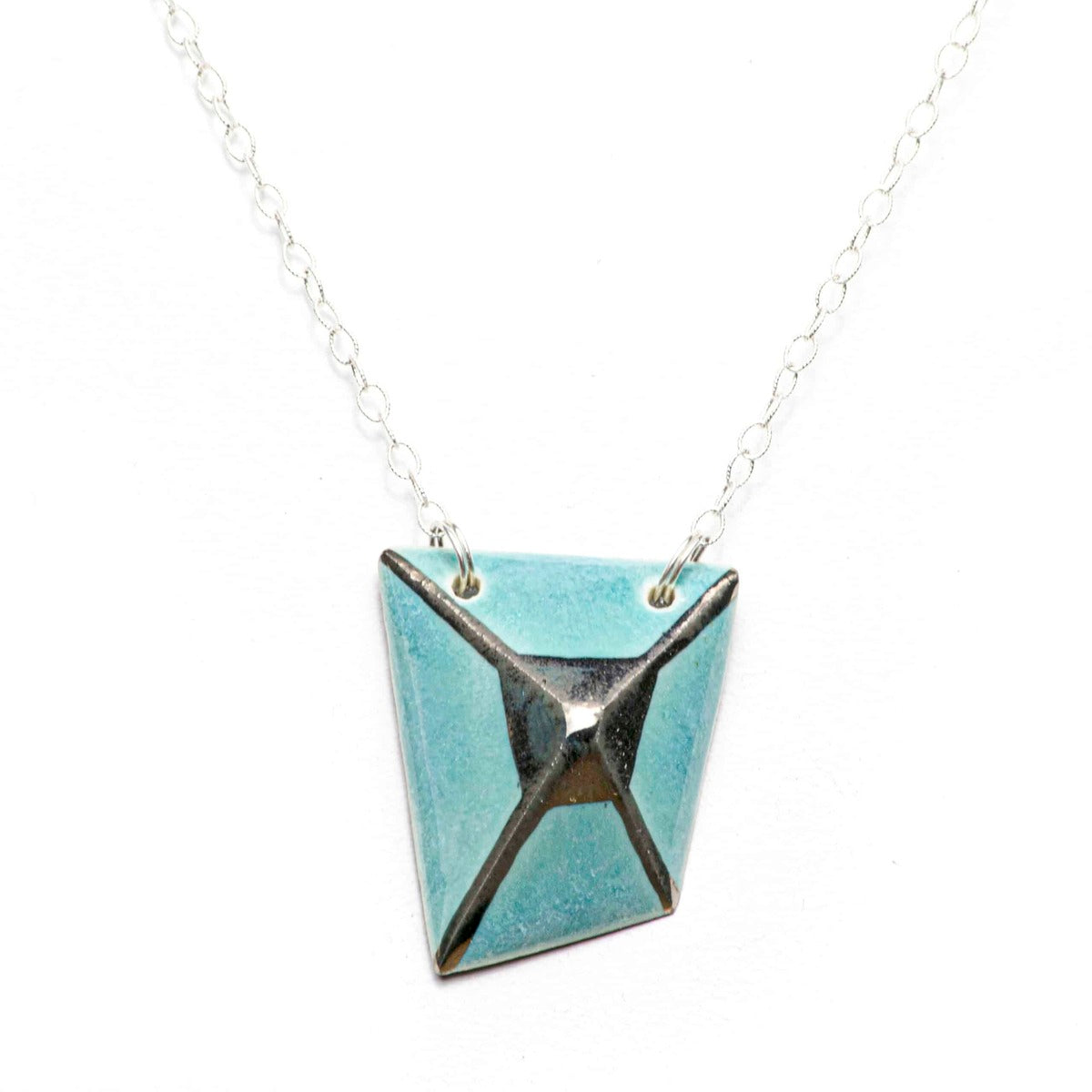 Porcelain Necklace & Chain with Silver Luster (turquoise trapezoid)