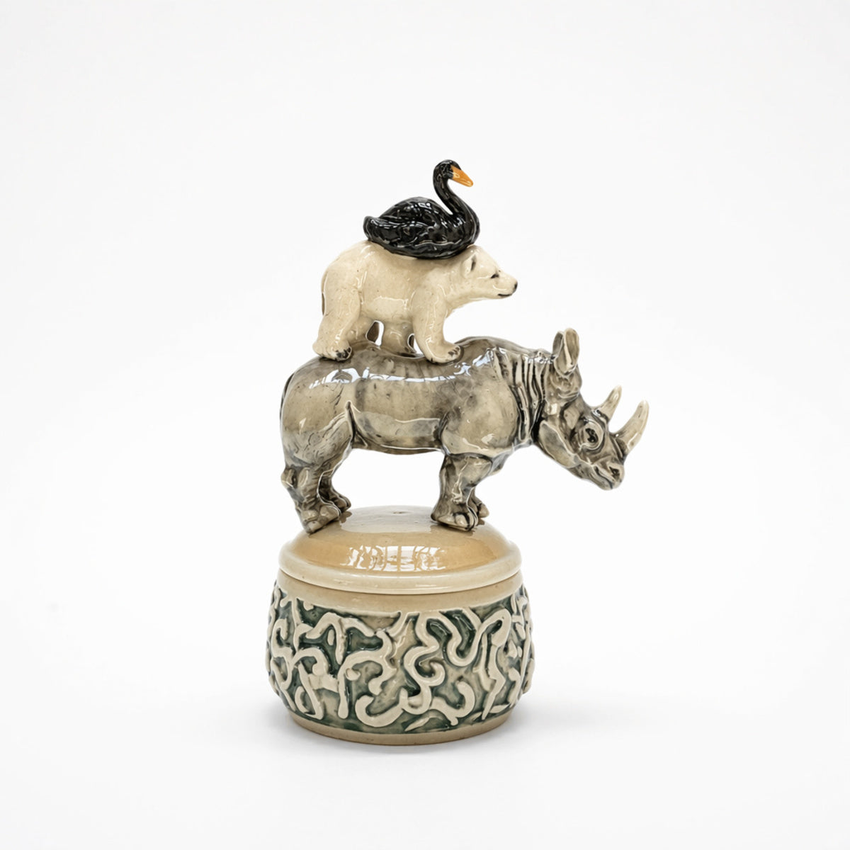 Lidded Container with Triple Handle of Rhino, Bear and Duck