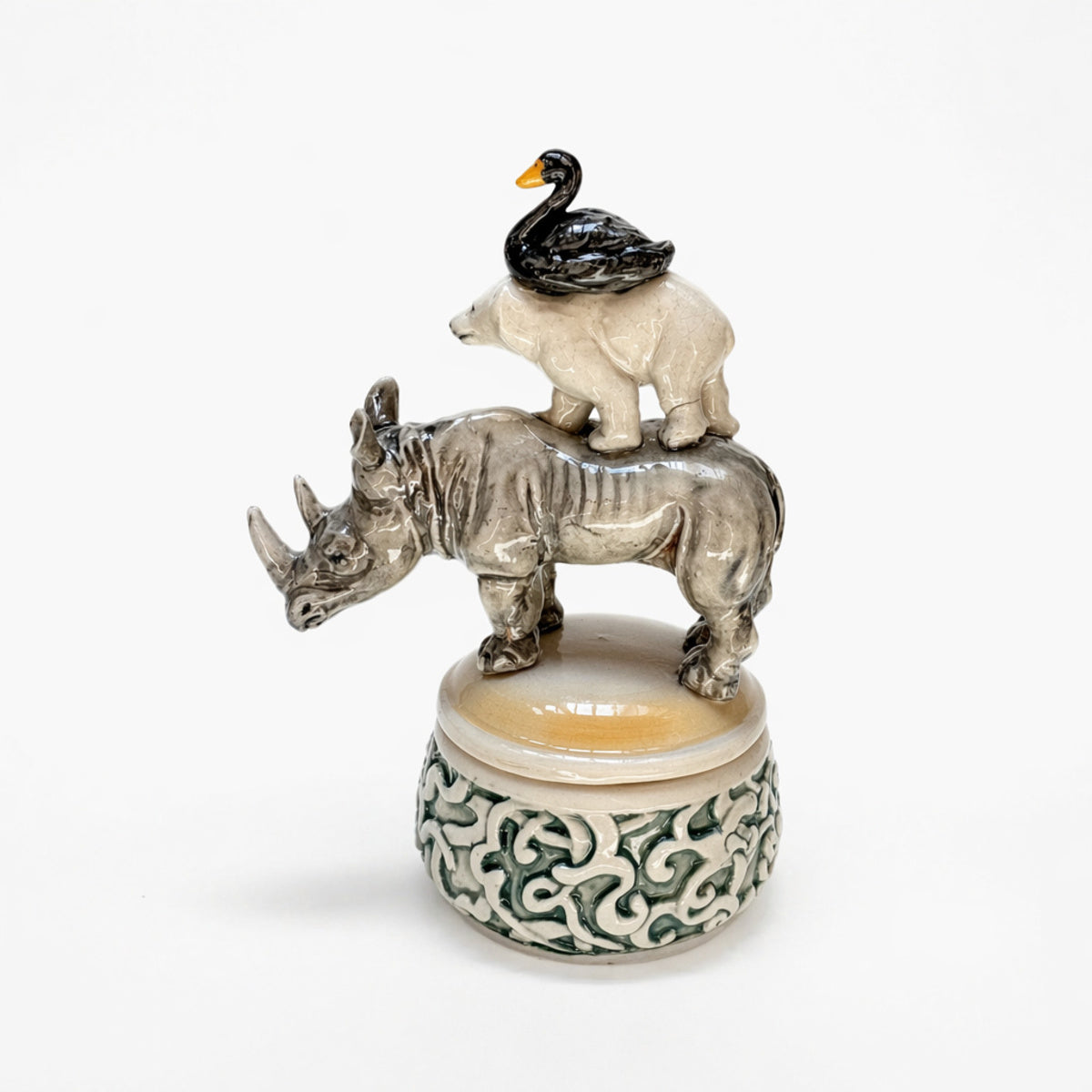 Lidded Container with Triple Handle of Rhino, Bear and Duck