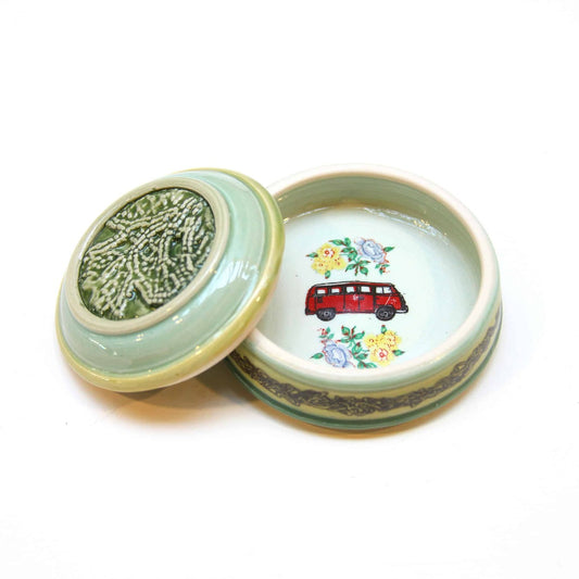 Red Volkswagen Lidded Container Two Flowers