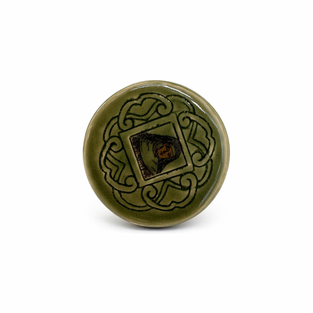 Green Art Deco Lidded Container with Orange Interior