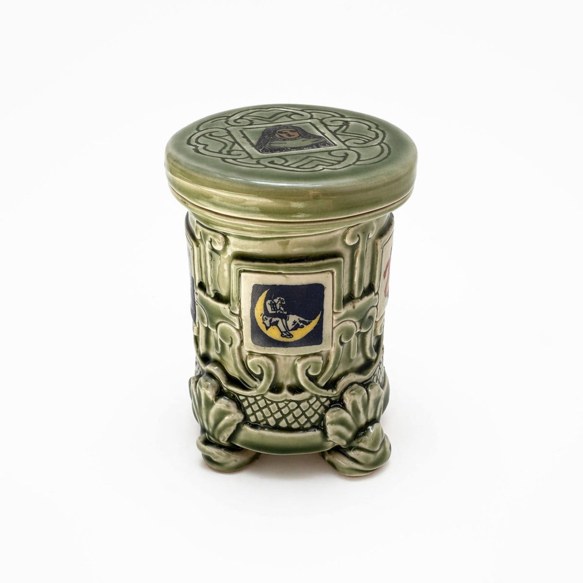 Green Art Deco Lidded Container with Orange Interior