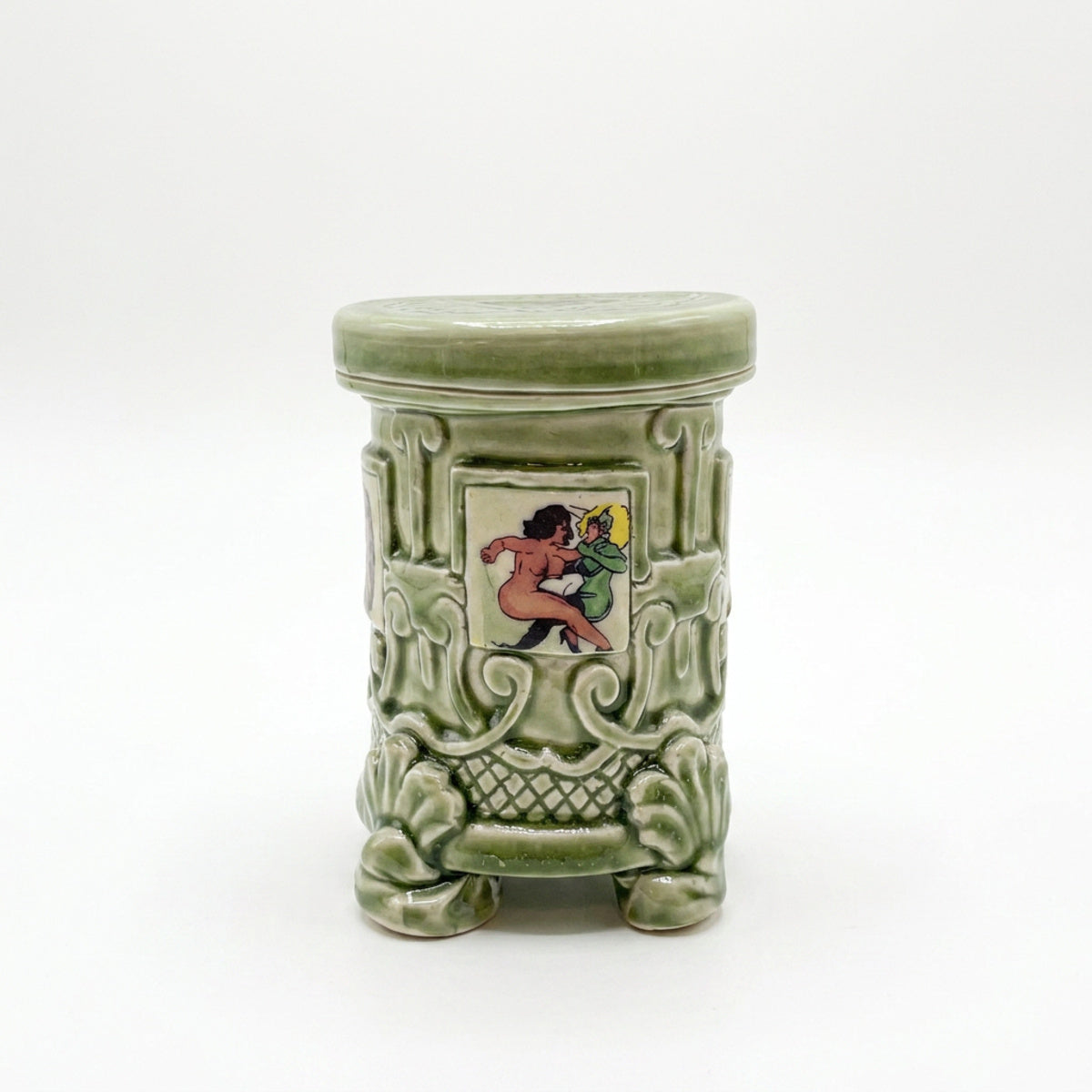 Green Art Deco Lidded Container with Orange Interior