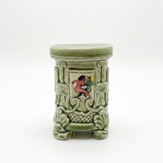 Green Art Deco Lidded Container with Orange Interior