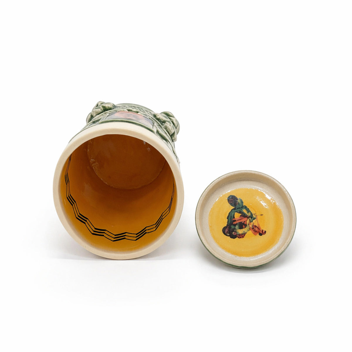 Green Art Deco Lidded Container with Orange Interior