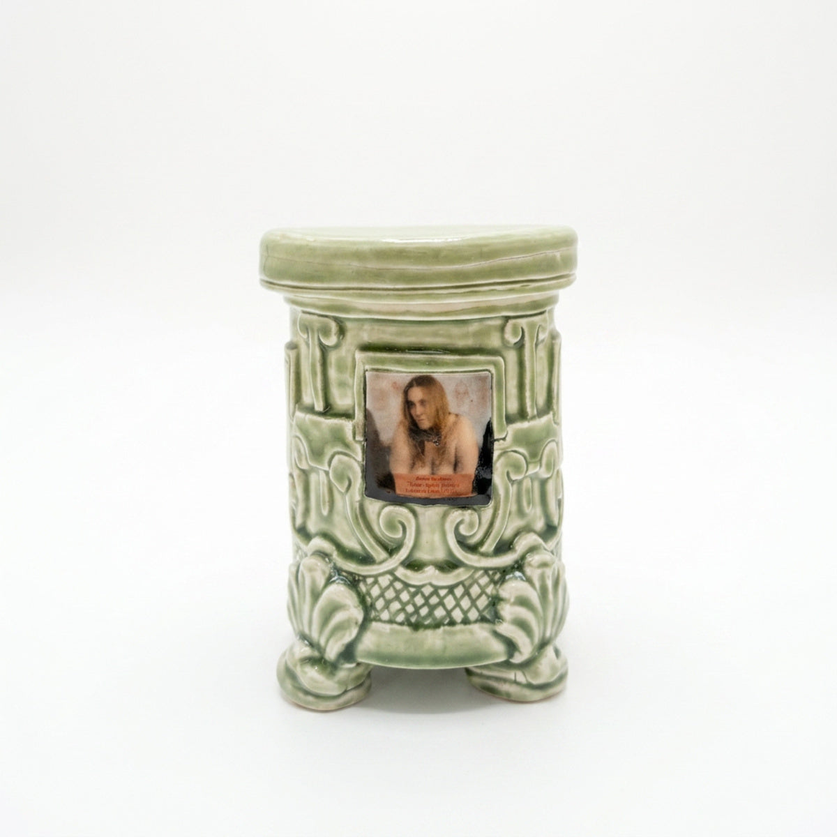 Green Art Deco Lidded Container with Orange Interior