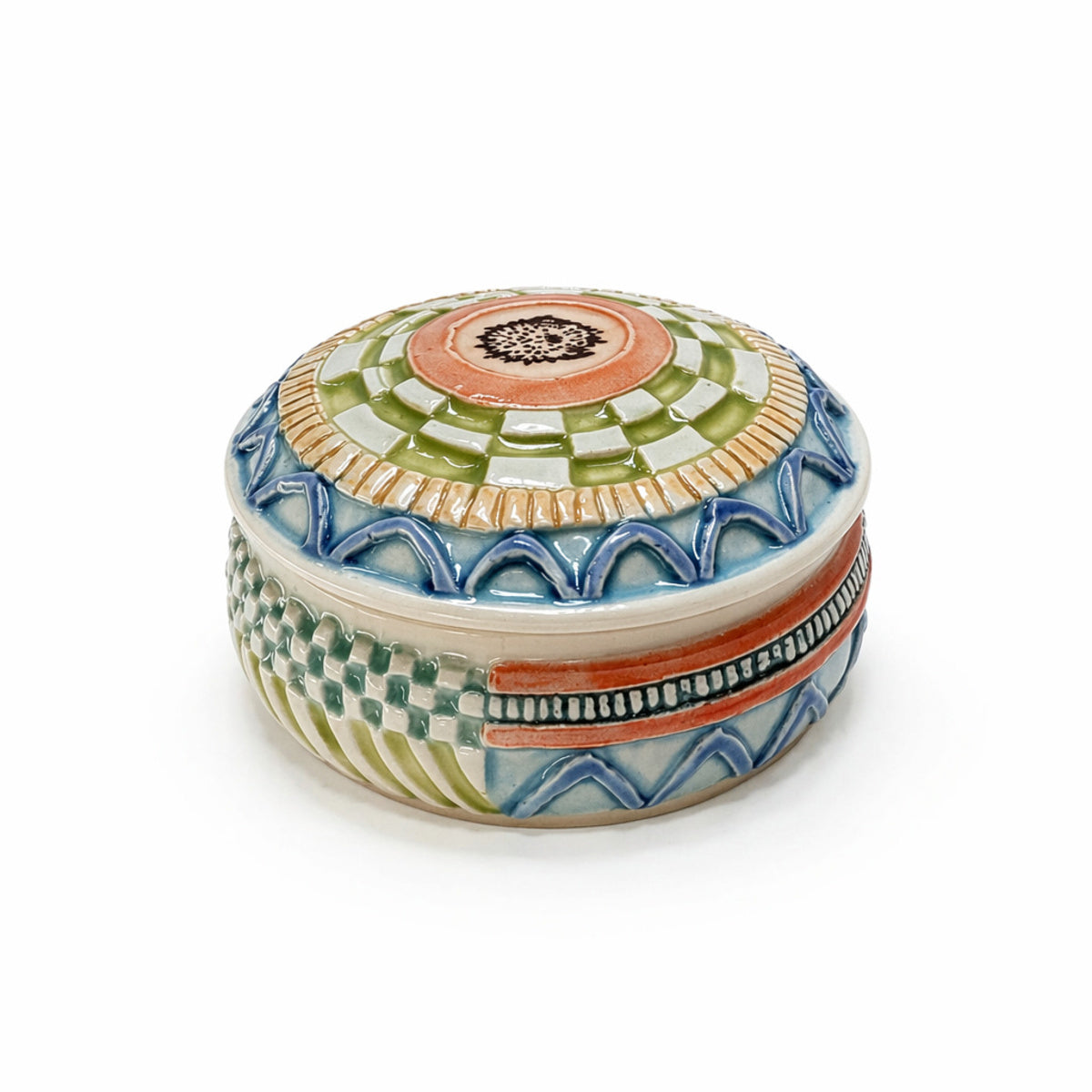 Blue, Orange, and Green Short Lidded Container