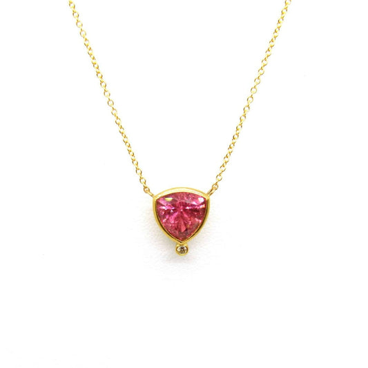 18k Gold American Pink Tourmaline Trillion Pendant with Diamond