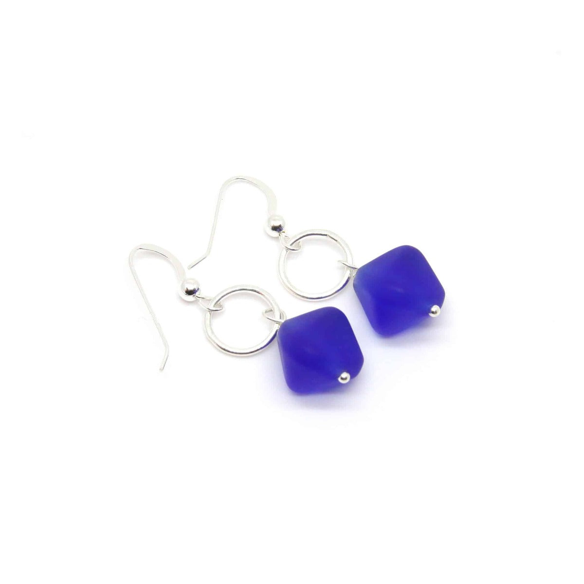 Eco Sea Glass with Hammered Ring Earrings, Cobalt Blue